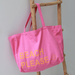 Canvas strandtas beach please roze/oranje