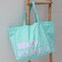 Canvas strandtas beach please turquoise/roze