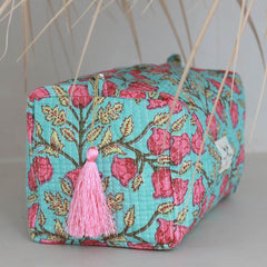 Blockprint Kulturbeutel Fez türkis Blume rosa M