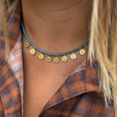 Ketting Miyuki gouden muntjes blauw