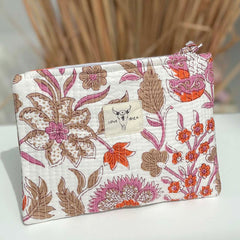 Make up tasje bloem beige oranje