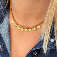 Ketting Miyuki gouden muntjes cognac