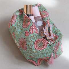 Blockprint toilettas Fez zeegroen roze L