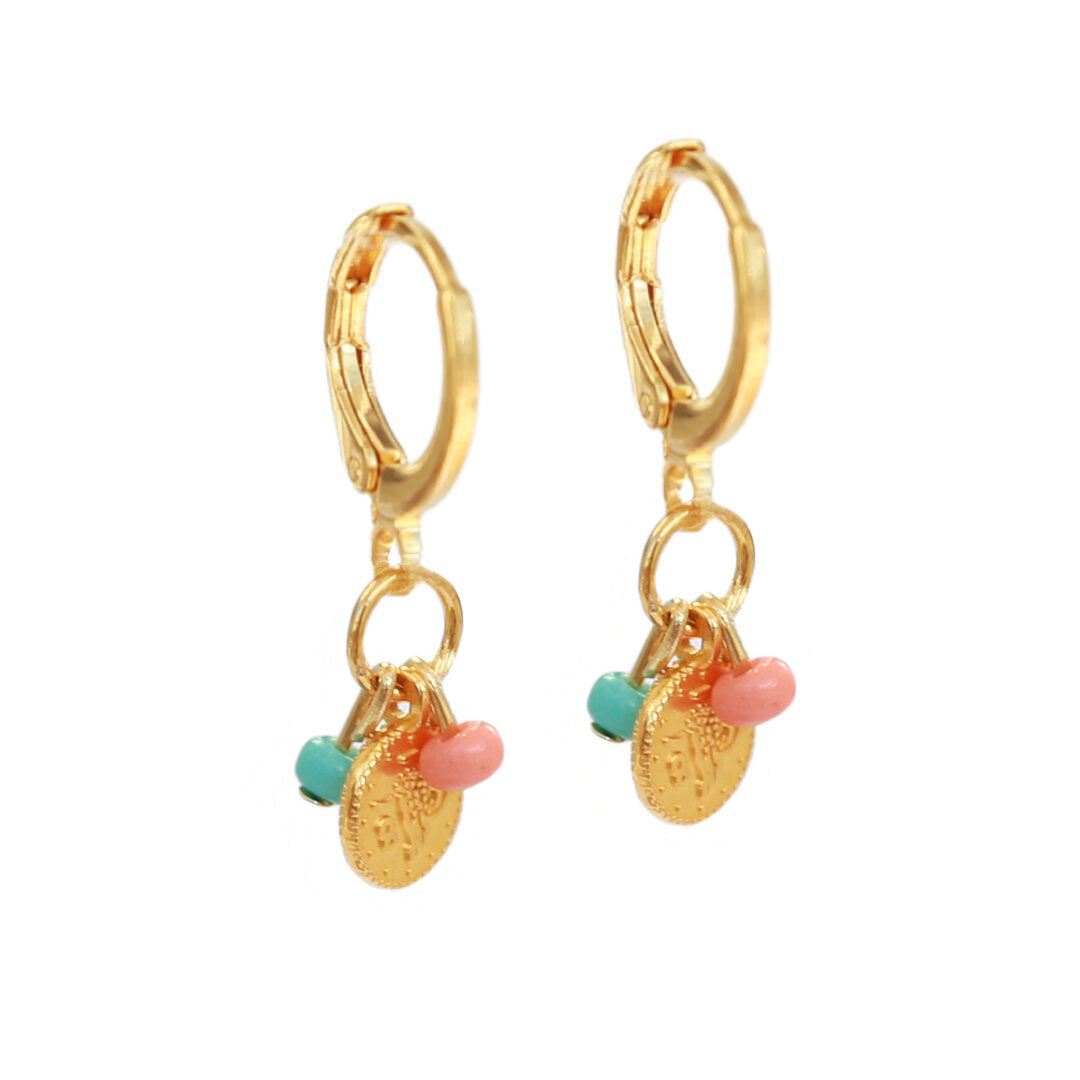 Gold earrings coin turquoise peach