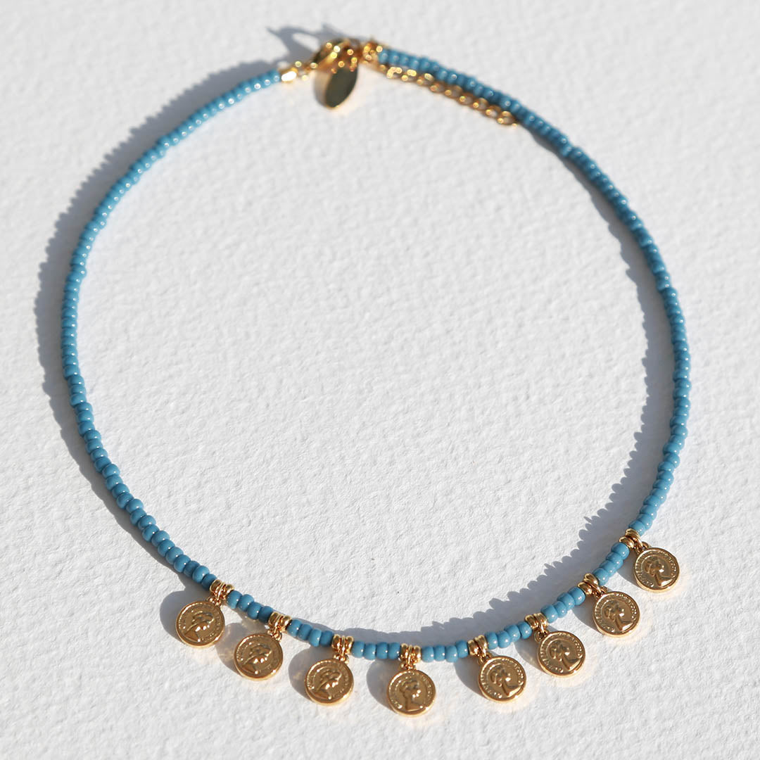 Ketting Miyuki gouden muntjes blauw
