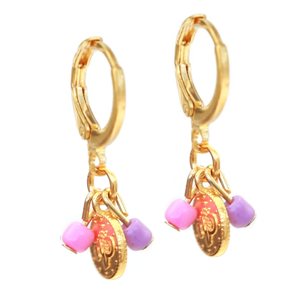 Gold earrings coin pink purple