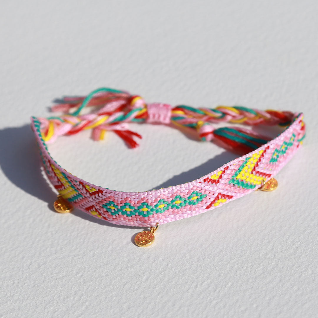 Tobillera de algodón azteca rosa moneda dorada
