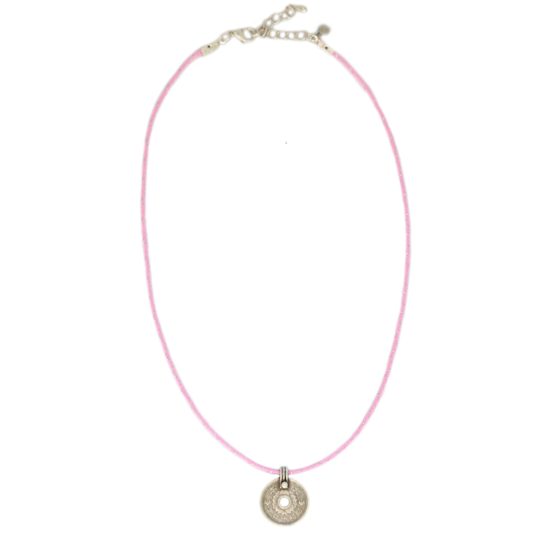 Ketting tibetan amulet roze/zilver