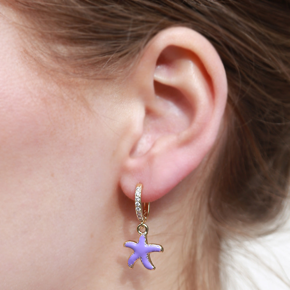 Gold earrings starfish purple