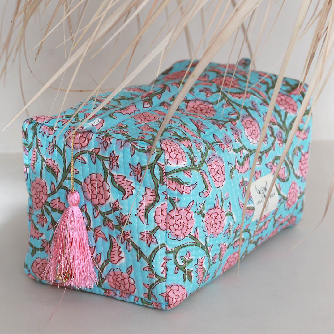 Blockprint toiletry bag floral blue
