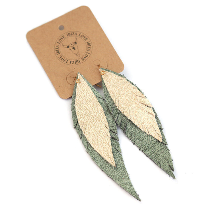 Earrings bohemian feather green sand